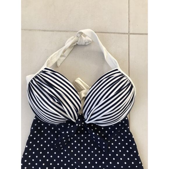 Beach Joy One Piece Swimsuit Halter Polka Dot Striped - Picture 2 of 9